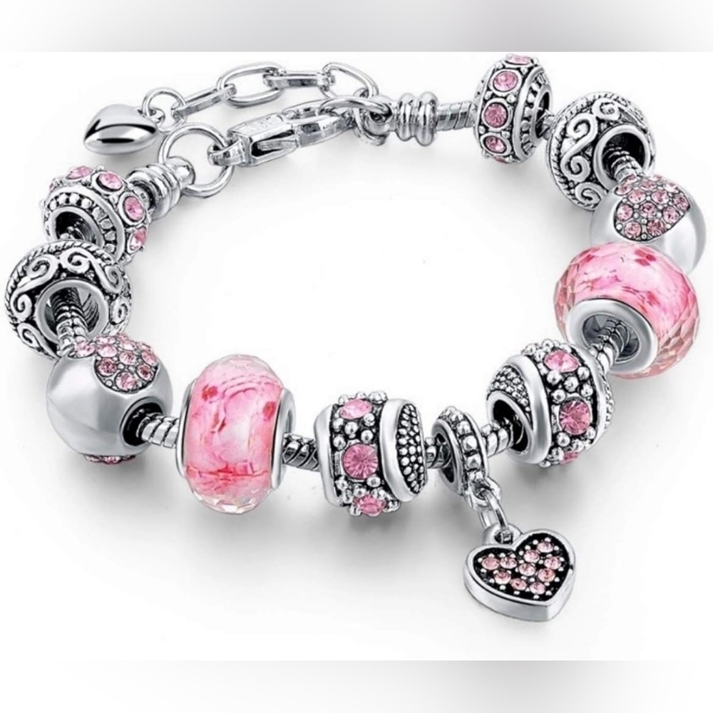 Elegant Pink and Silver Heart Charm Bracelet